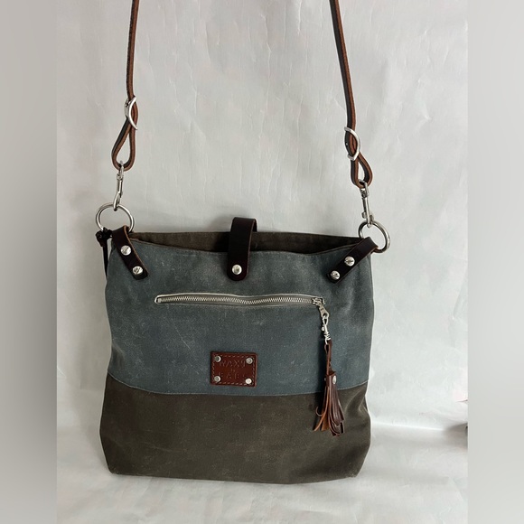 WAXT by BABS waxed canvas & leather Crossbody Messenger bag purse satchel tote - Picture 9 of 13